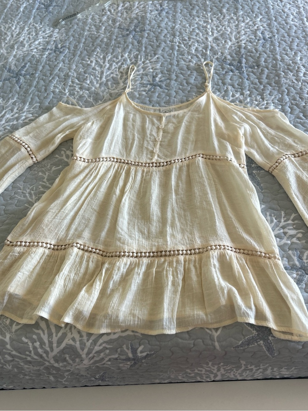 Paper Crane Boho Sexy Peasant Cold Shoulder Bell Sleeves Blouse